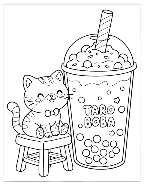Junto a un vaso de té de taro con tapioca, un gato está sentado.