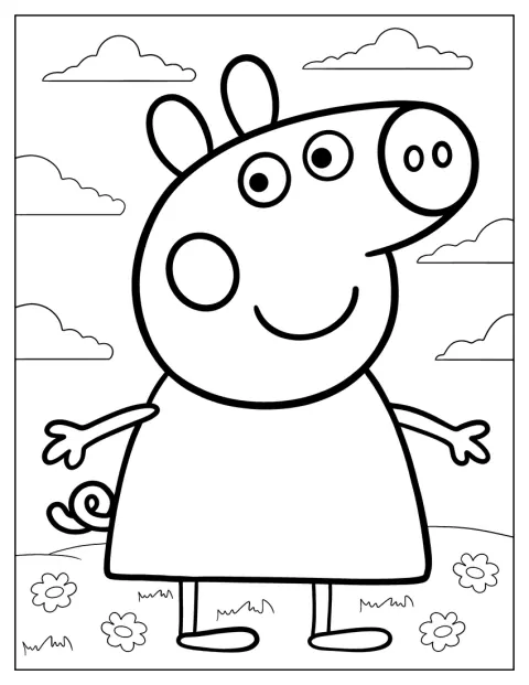 Peppa Pig staat afgebeeld in een schattige kawaiistijl.
