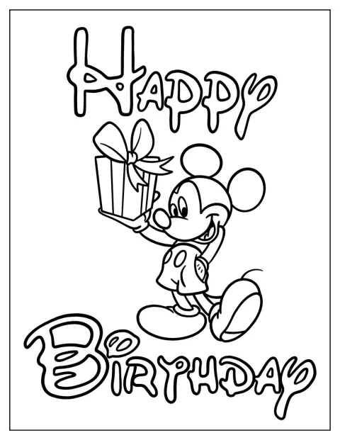 Mickey Mouse Holding Present Happy Birthday Coloring Page