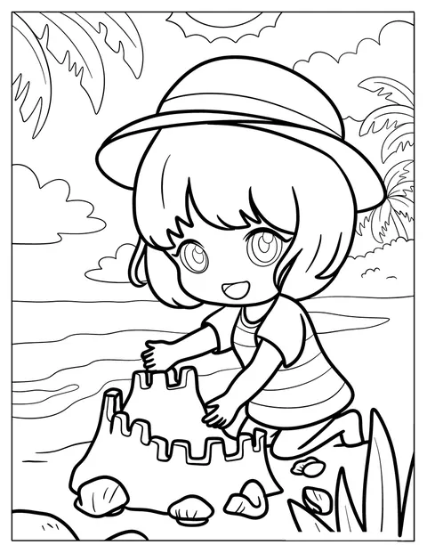 ちびキャラの子どもが、浜辺で楽しそうに砂のお城を作っています。