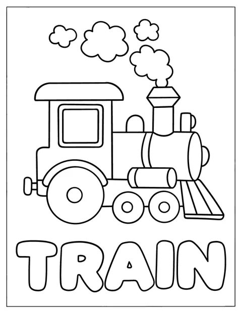 Un trenuleț vesel merge pe șine, cu vagoanele în urma locomotivei.