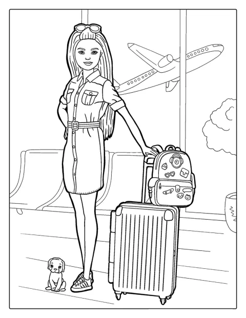 Barbie matkustaa lentokentän lähtöaulassa matkalaukkunsa kanssa.