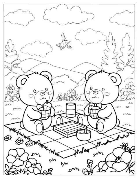 Dos ositos de peluche disfrutan de un pícnic al aire libre.