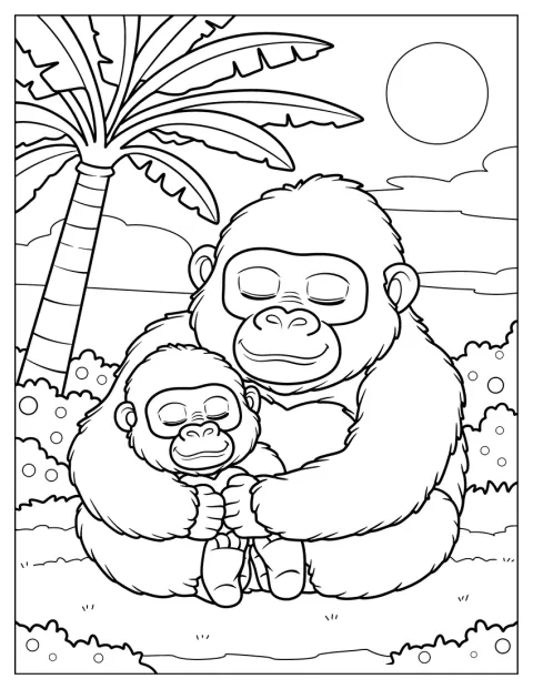 Een gorillamoeder houdt haar baby dicht tegen zich aan bij zonsondergang.