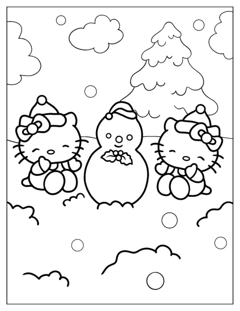 Hello Kitty og Mimmy bygger en snemand i sneen til jul.