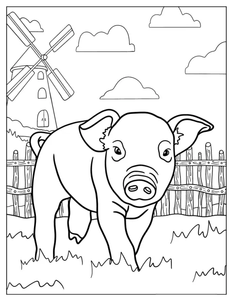 Babe, das Schwein, spaziert über eine offene Wiese.