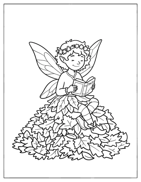 Sentada sobre um monte de folhas de outono, uma fada lê um livro.