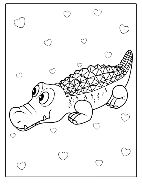 Un crocodil adorabil, desenat în stil kawaii, are ochi mari și zâmbet blând.