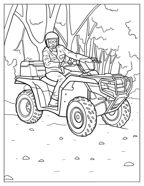 Un homme conduit un quad Honda Foreman entre les arbres.