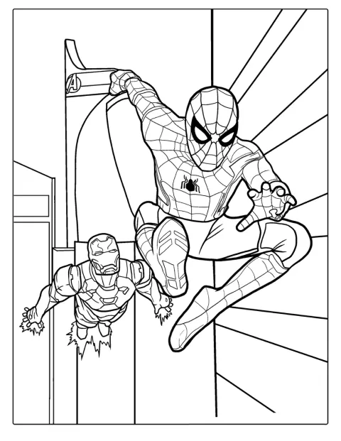 スパイダーマンとアイアンマンが並び、力を合わせています。
