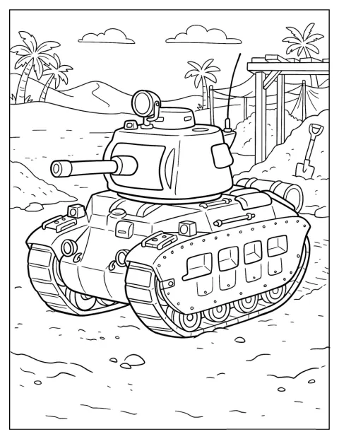 Palmen säumen den tropischen Strand, an dem ein Militärpanzer steht.