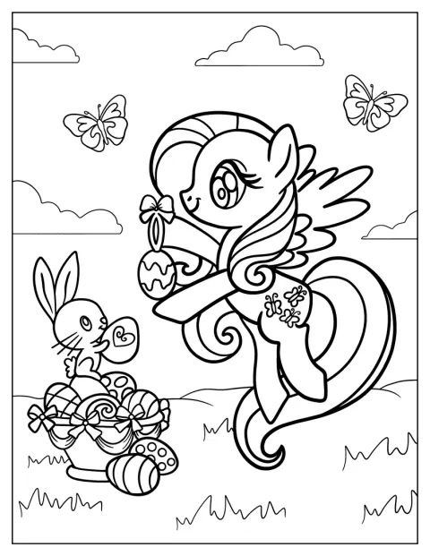 Fluttershy står med en kanin och dekorerade påskägg.