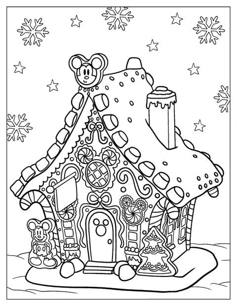 Mickey Mouse está junto a uma casa de gengibre decorada para o Natal.