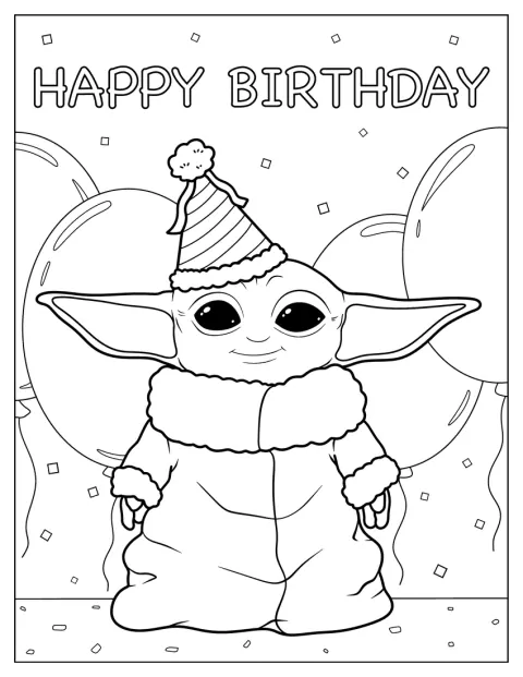 Happy Birthday Baby Yoda Coloring Page