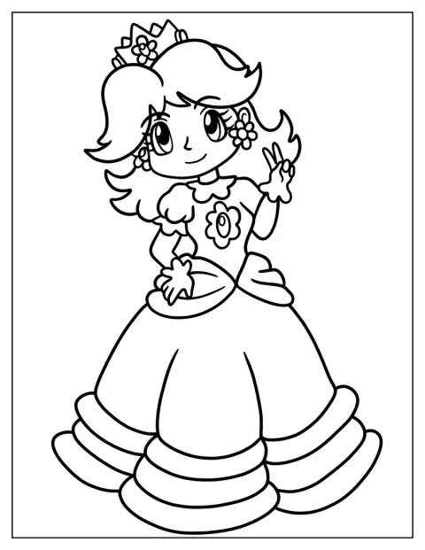 Prinses Daisy staat afgebeeld in een eenvoudige cartoonstijl.