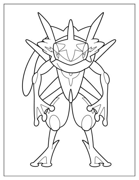 Greninja aparece de cuerpo entero, de pie y con los brazos abiertos.
