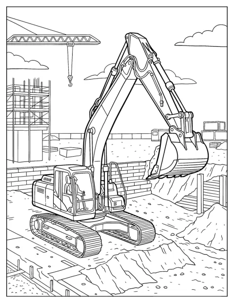 Un escavatore cingolato usa il lungo braccio e la benna per scavare in cantiere.