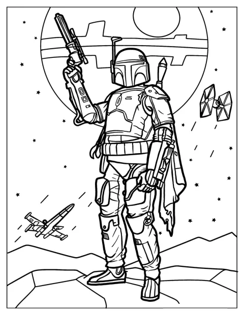 Boba Fett stojí před Hvězdou smrti ve vesmíru.