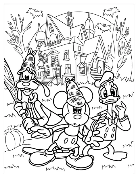 Mickey, Goofy y Donald, vestidos de cazafantasmas, están ante una casa encantada.