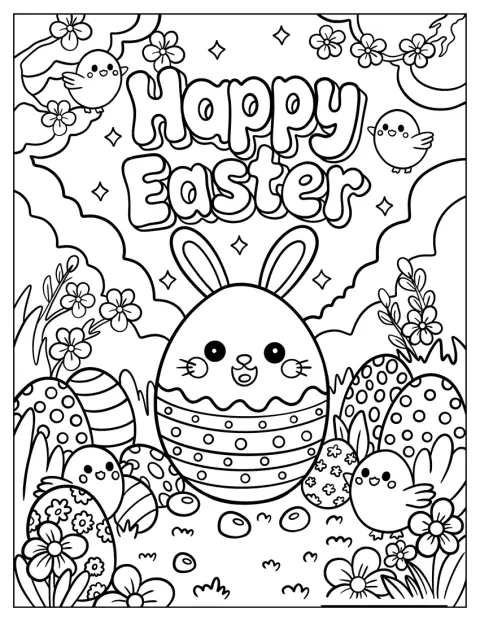Un uovo di Pasqua sorridente ha orecchie da coniglio ed è circondato da pulcini e fiori.