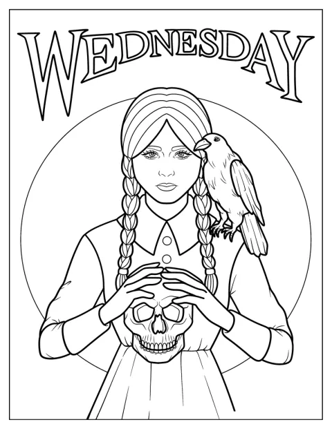 Wednesday drží lebku a na rameni jí sedí vrána.
