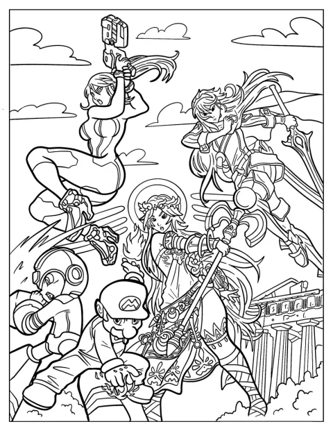 Mario, Mega Man, Palutena, Samus Aran och Lucina poserar tillsammans.