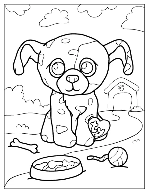 Dalmatyńczyk Luther z Beanie Boo siedzi i patrzy przed siebie.