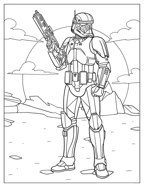Uno Stormtrooper d’élite del Primo Ordine posa con la sua armatura.