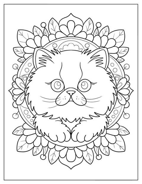 細かな花の曼荼羅模様の中央に猫がいます。