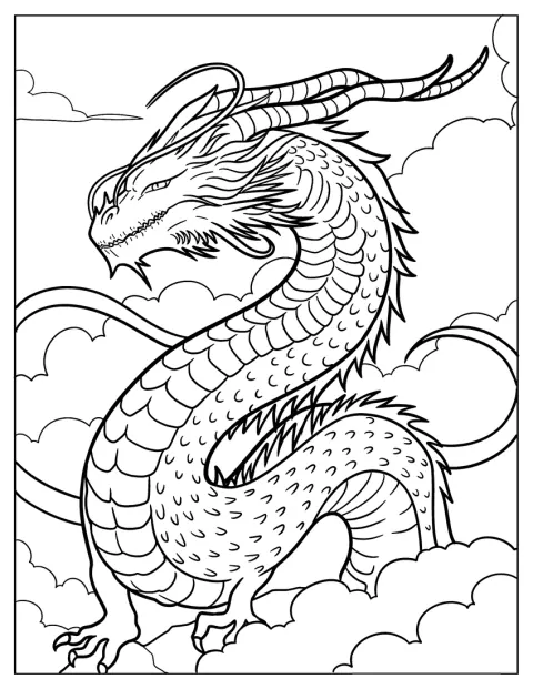 Un dragon gigantesque surgit des nuages, dominant le ciel.