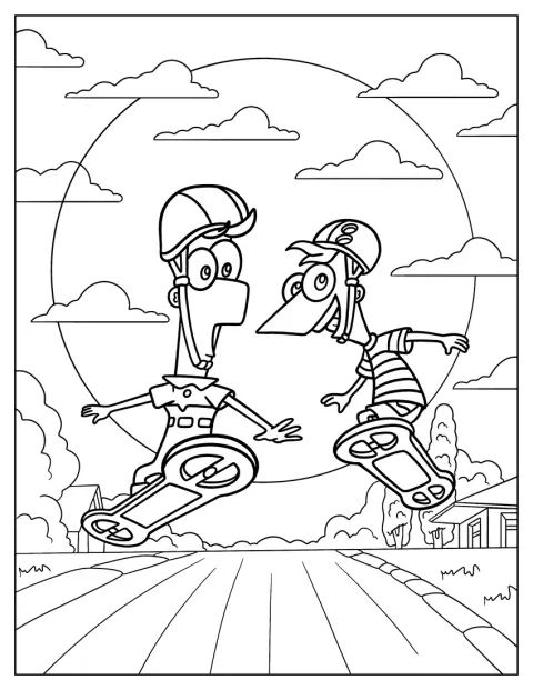 Phineas és Ferb gördeszkán gurulnak.