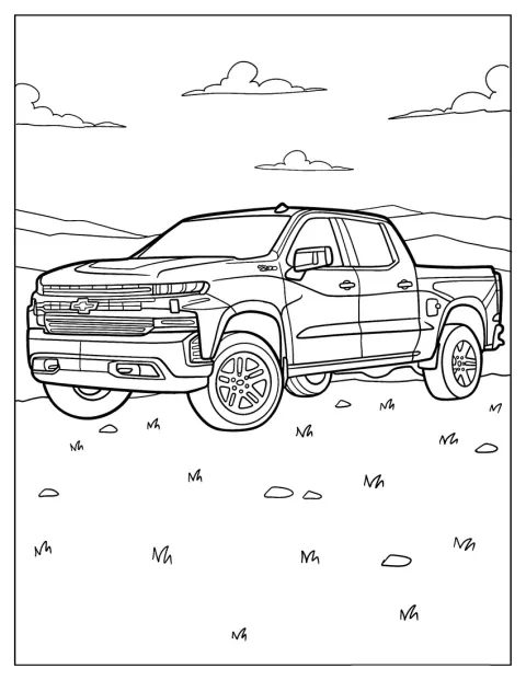 Văzut din lateral, un Chevrolet Silverado stă pe o întindere de iarbă.