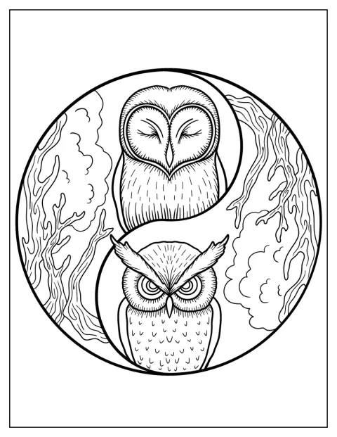 Un hibou se tient près d’un symbole yin-yang dans un décor naturel.