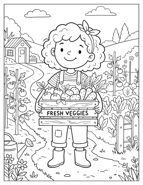 Dívka v zahradě drží přepravku plnou čerstvé zeleniny.
