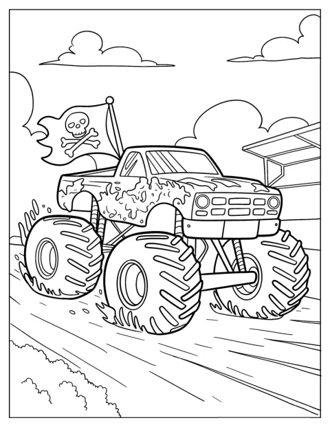Un imposant monster truck arbore un drapeau de pirate.