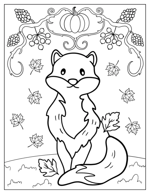En söt räv står bland höstlöv.