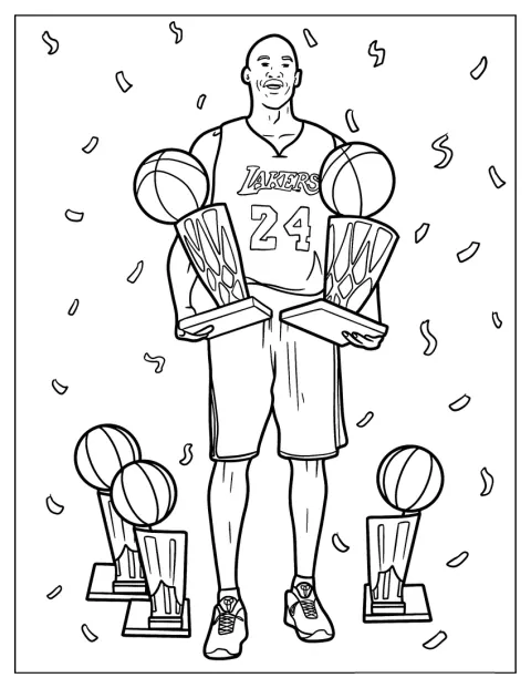 Kobe Bryant hält zwei Trophäen hoch, während Konfetti um ihn herumfällt.