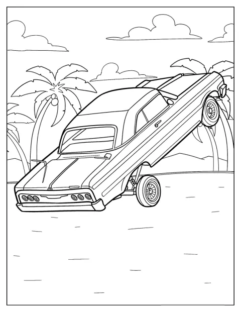 En 1964 Chevy Impala løfter seg på to hjul mens den hopper på stranden.