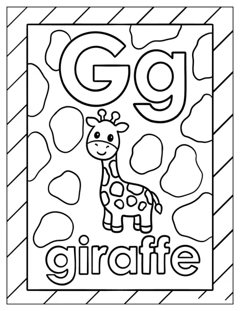シンプルなGのフラッシュカードに、キリンが描かれています。
