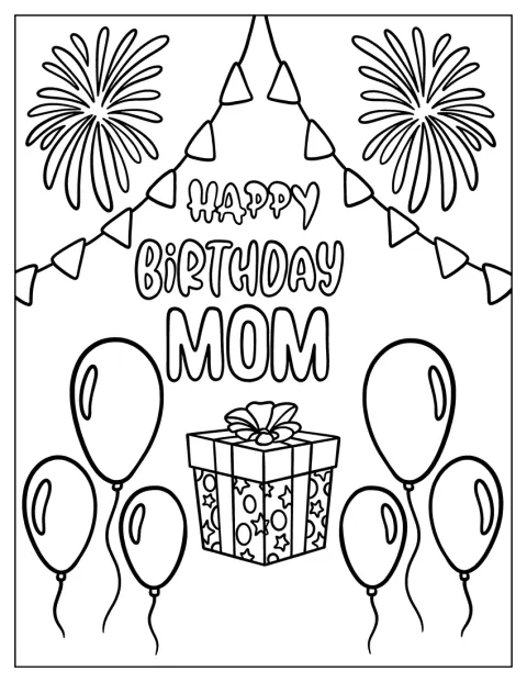 Globos, un regalo y pancartas rodean el mensaje «Feliz cumpleaños, mamá».