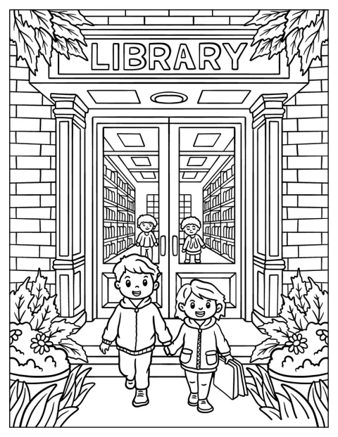 Mit Büchern in den Händen verlassen fröhliche Kinder die Bibliothek.
