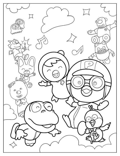 Pororo pozuje z Petty, Crongiem, Harrym, Tongtongiem, Eddym, Pobym, Rodim i Loopy.