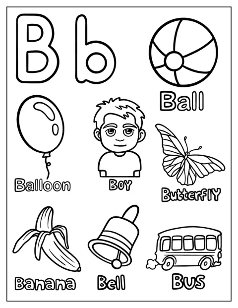 Les lettres B majuscule et minuscule sont accompagnées d’un garçon, d’un papillon, d’une balle, d’un ballon, d’une banane et d’un bus.