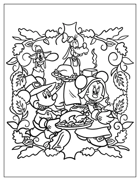 Mickey Mouse, Minnie Mouse og Goofy er klædt som pilgrimme og bærer mad til Thanksgiving.