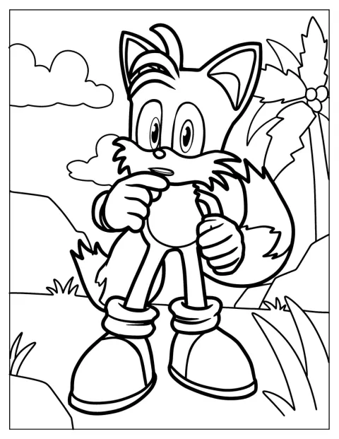 Con gesto curioso, Tails observa algo que tiene delante.