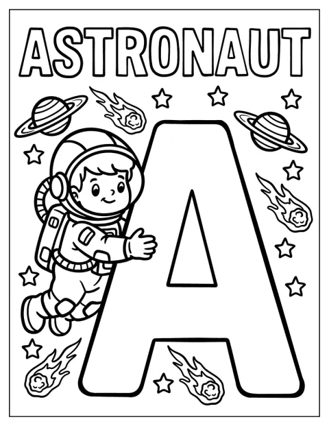 Een astronaut zweeft in de ruimte naast de letter A.