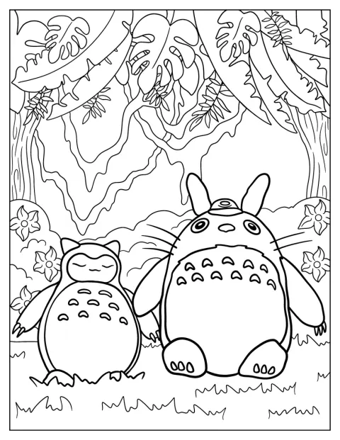 Snorlax And Totoro Coloring Page Napping In The Forest