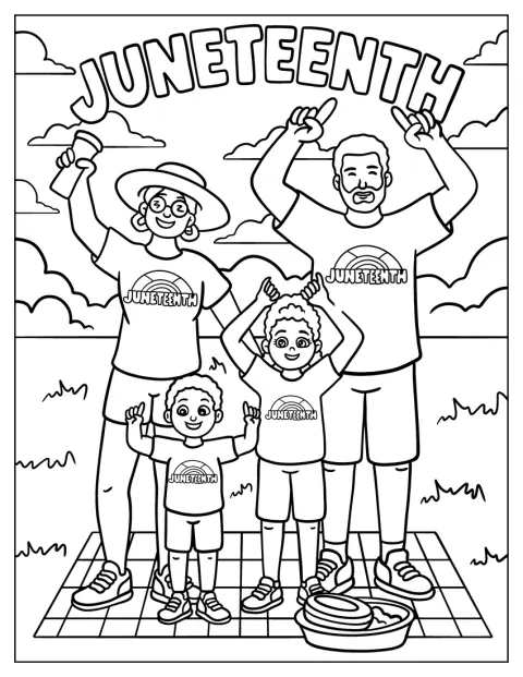 Una familia alza las manos con alegría durante un pícnic de Juneteenth.