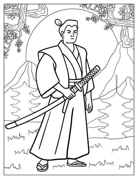 En samurai står i en have under blomstrende kirsebærtræer.