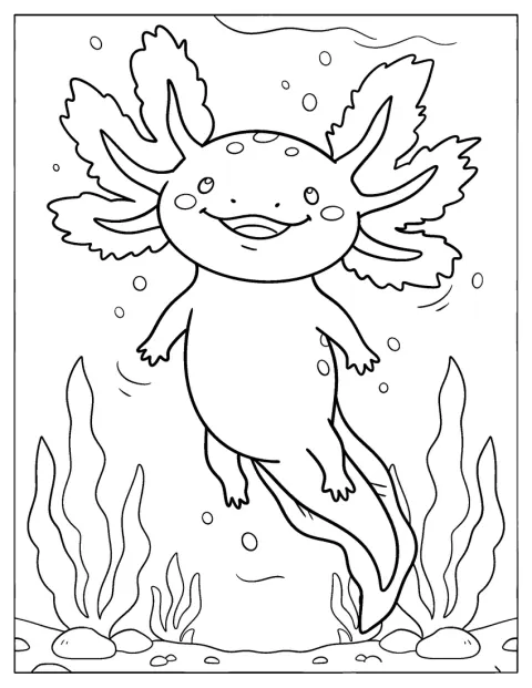 Un axolotl sorridente nuota tra le piante acquatiche.
